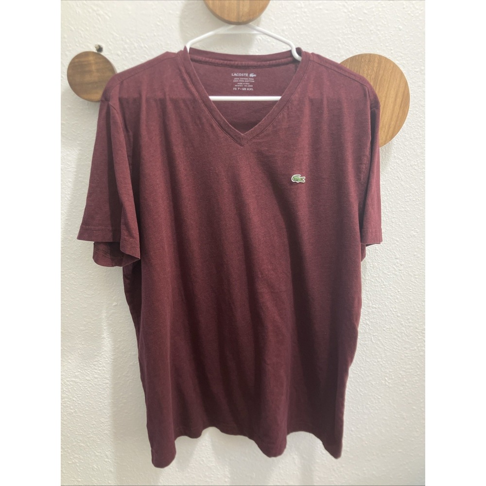 LACOSTE Burgundy V neck 100% Pima Cotton Men's 2XL Short Sleeve Shirt